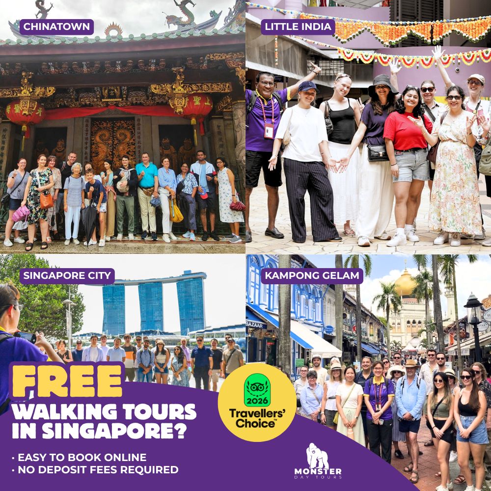 Free walking tour groups posing in Chinatown, Little India, Marina Bay and Kampong Gelam, promoting Monster Day Tours' free Singapore walking tours